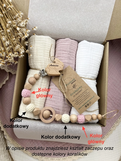 Zestaw prezentowy dla noworodka z pieluszkami muślinowymi i personalizowaną zawieszką do smoczka. Idealny prezent na narodziny dziecka i baby shower.