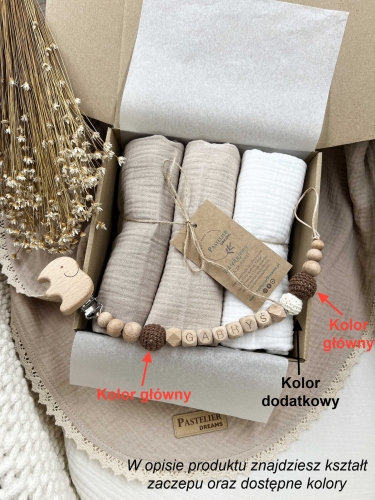 Zestaw prezentowy dla noworodka z pieluszkami muślinowymi i personalizowaną zawieszką do smoczka. Idealny prezent na narodziny dziecka i baby shower.