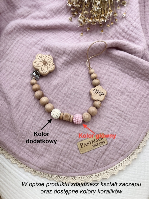 Personalizowana zawieszka do smoczka z drewnianych koralików i grawerowanym imieniem na drewnianym klipsie. Idealny prezent dla noworodka i niemowlęcia.
