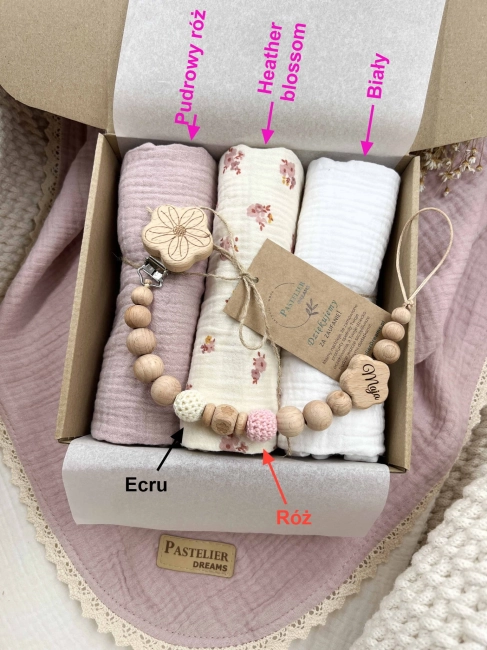 Zestaw prezentowy dla noworodka z pieluszkami muślinowymi i personalizowaną zawieszką do smoczka. Idealny prezent na narodziny dziecka i baby shower.