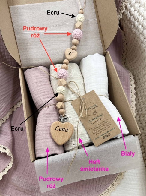 Zestaw prezentowy dla noworodka z pieluszkami muślinowymi i personalizowaną zawieszką do smoczka. Idealny prezent na narodziny dziecka i baby shower.