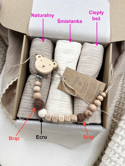 Zestaw prezentowy dla noworodka z pieluszkami muślinowymi i personalizowaną zawieszką do smoczka. Idealny prezent na narodziny dziecka i baby shower.