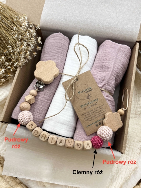 Zestaw prezentowy dla noworodka z pieluszkami muślinowymi i personalizowaną zawieszką do smoczka. Idealny prezent na narodziny dziecka i baby shower.