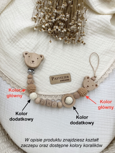 Personalizowana drewniana zawieszka do smoczka z koralików. Naturalne materiały, możliwość dodania imienia dziecka. Idealny prezent dla noworodka i niemowlęcia.