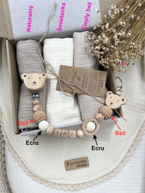 Zestaw prezentowy dla noworodka z pieluszkami muślinowymi i personalizowaną zawieszką do smoczka. Idealny prezent na narodziny dziecka i baby shower.