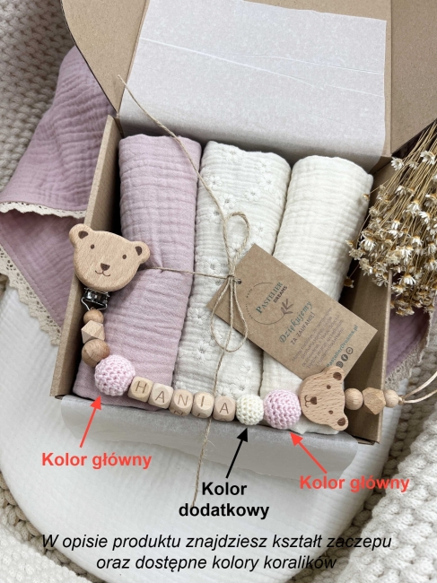 Zestaw prezentowy dla noworodka z pieluszkami muślinowymi i personalizowaną zawieszką do smoczka. Idealny prezent na narodziny dziecka i baby shower.
