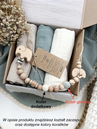 Zestaw prezentowy dla noworodka z pieluszkami muślinowymi i personalizowaną zawieszką do smoczka. Idealny prezent na narodziny dziecka i baby shower.