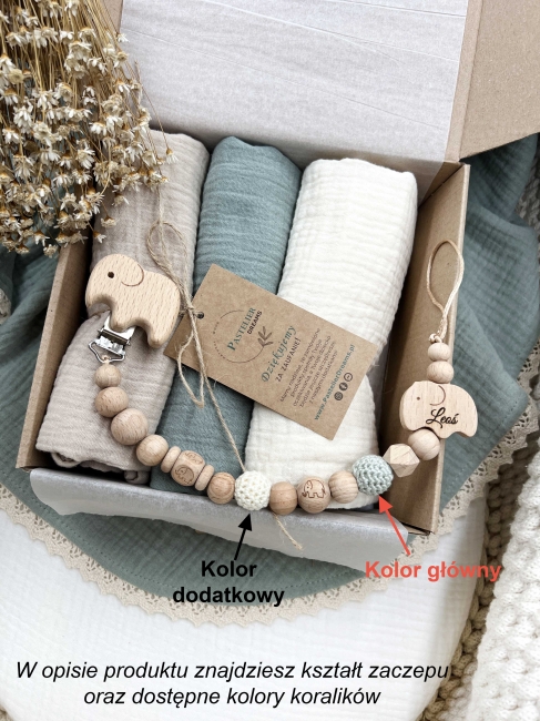 Zestaw prezentowy dla noworodka z pieluszkami muślinowymi i personalizowaną zawieszką do smoczka. Idealny prezent na narodziny dziecka i baby shower.