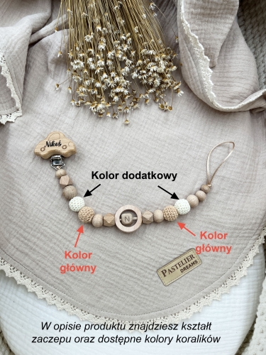 Personalizowana zawieszka do smoczka z drewnianych koralików i grawerowanym imieniem na drewnianym klipsie. Idealny prezent dla noworodka i niemowlęcia.
