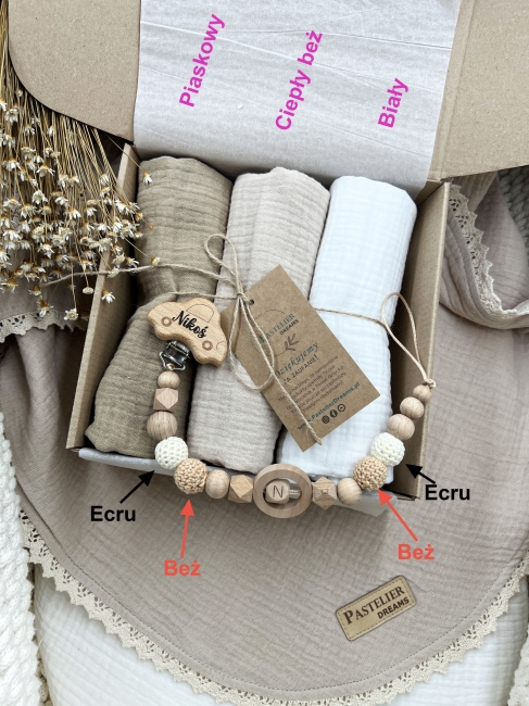 Zestaw prezentowy dla noworodka z pieluszkami muślinowymi i personalizowaną zawieszką do smoczka. Idealny prezent na narodziny dziecka i baby shower.