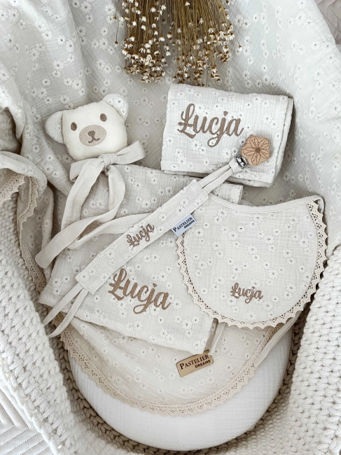 Personalizowany box dla noworodka z misiem z muślinu, zawieszką do smoczka, śliniaczkiem i pieluszką z imieniem. Idealny prezent na narodziny dziecka, baby shower, chrzciny lub pierwszą wizytę.